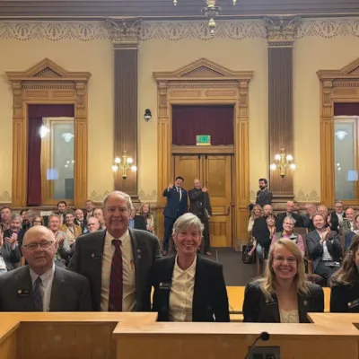 Members of the Colorado General Assembly meet with electric co-op leaders during CREA's Co-op Day at the Capitol. Left to right: Rep. Dan Woog, Sen. Marc Catlin, Sen. Larry Liston, Rep. Lesley Smith, Rep. Dusty Johnson, Sen. Janice Marchman, and Rep. Alex Valdez.